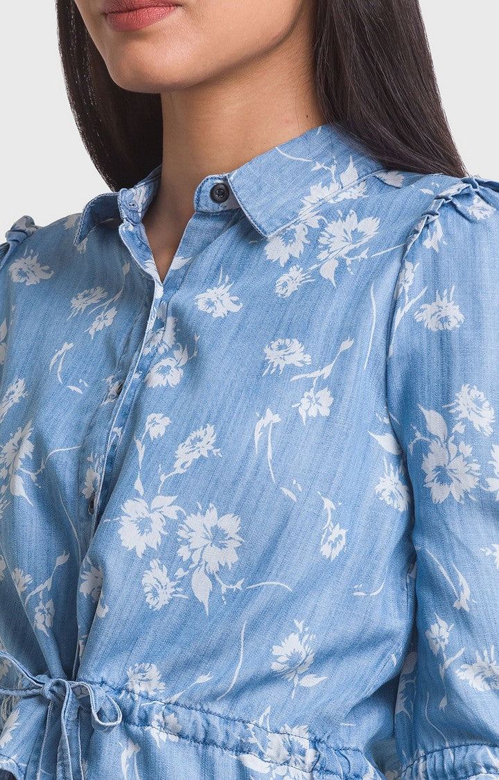 Spykar Ice Blue Cotton Three-Fourth Sleeve Printed Shirt For Women