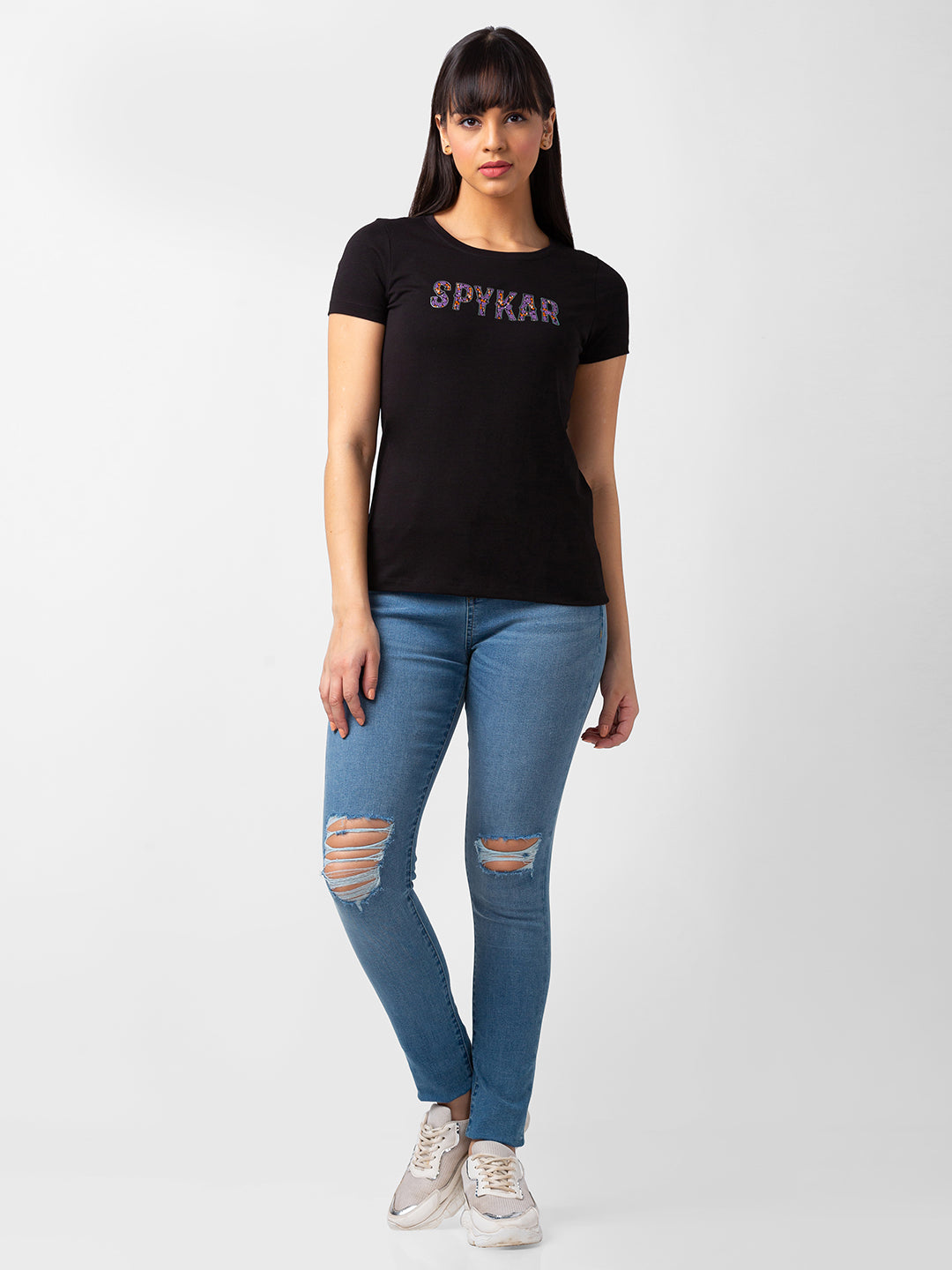 Spykar Women Black Blended Regular Fit Half Sleeve Printed T-Shirts