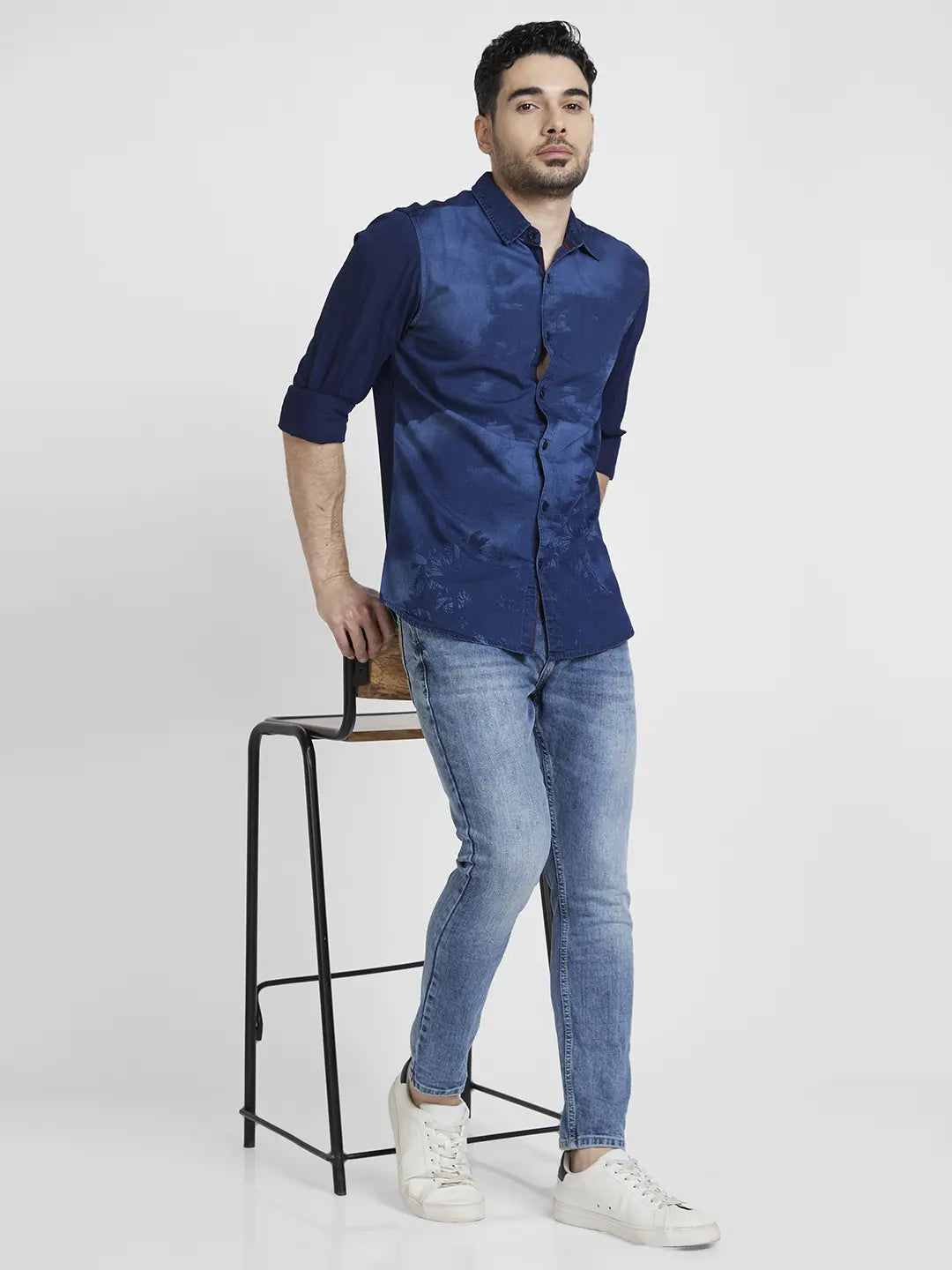 Spykar Men Mid Blue Cotton Slim Fit Tapered Length Highly Distressed Mid Rise Jeans - (Kano)