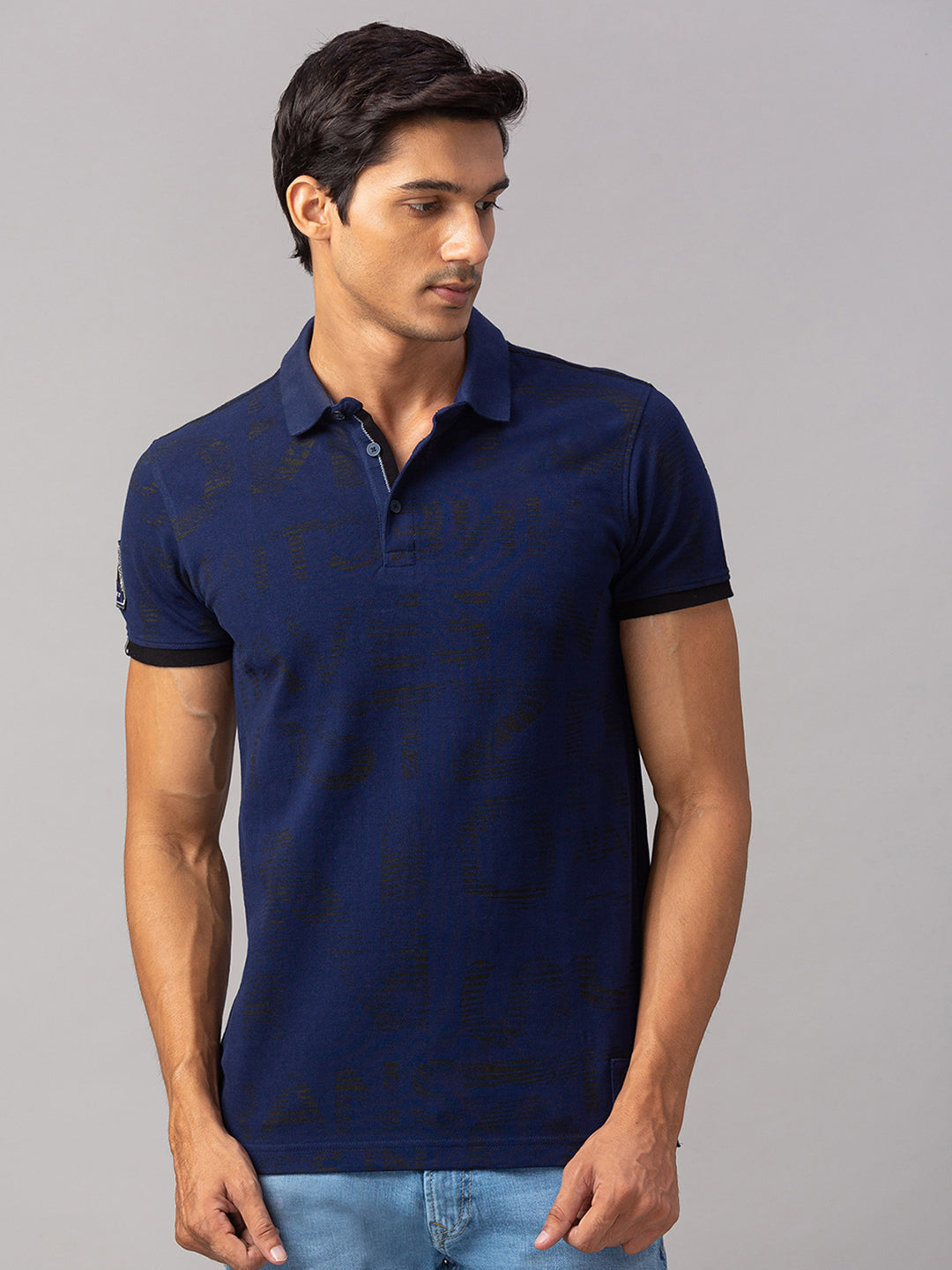 Spykar Men Blue Cotton Slim Fit Polo T-Shirt