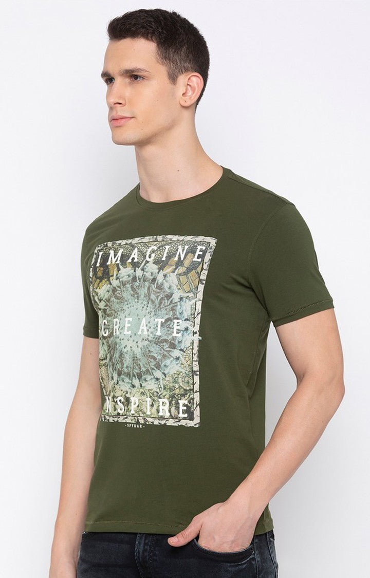 Spykar Men Green Cotton Slim Fit Round Neck T-Shirt