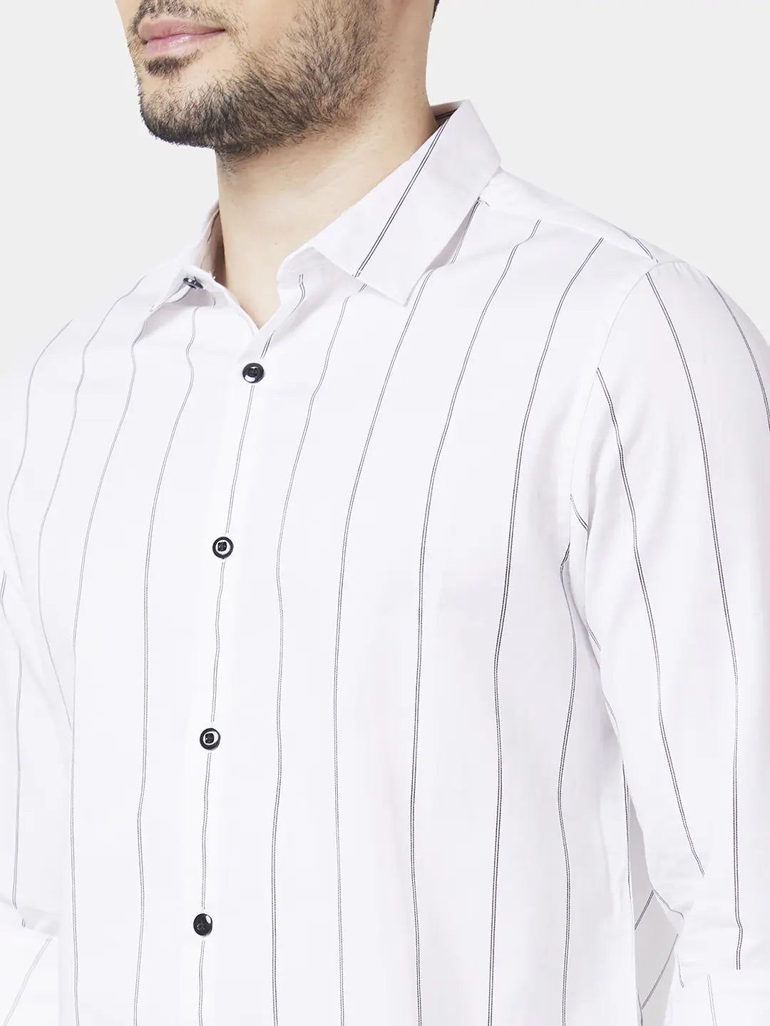 Buy Online|Spykar Men White Cotton Slim Fit Full Sleeve Striped Shirt