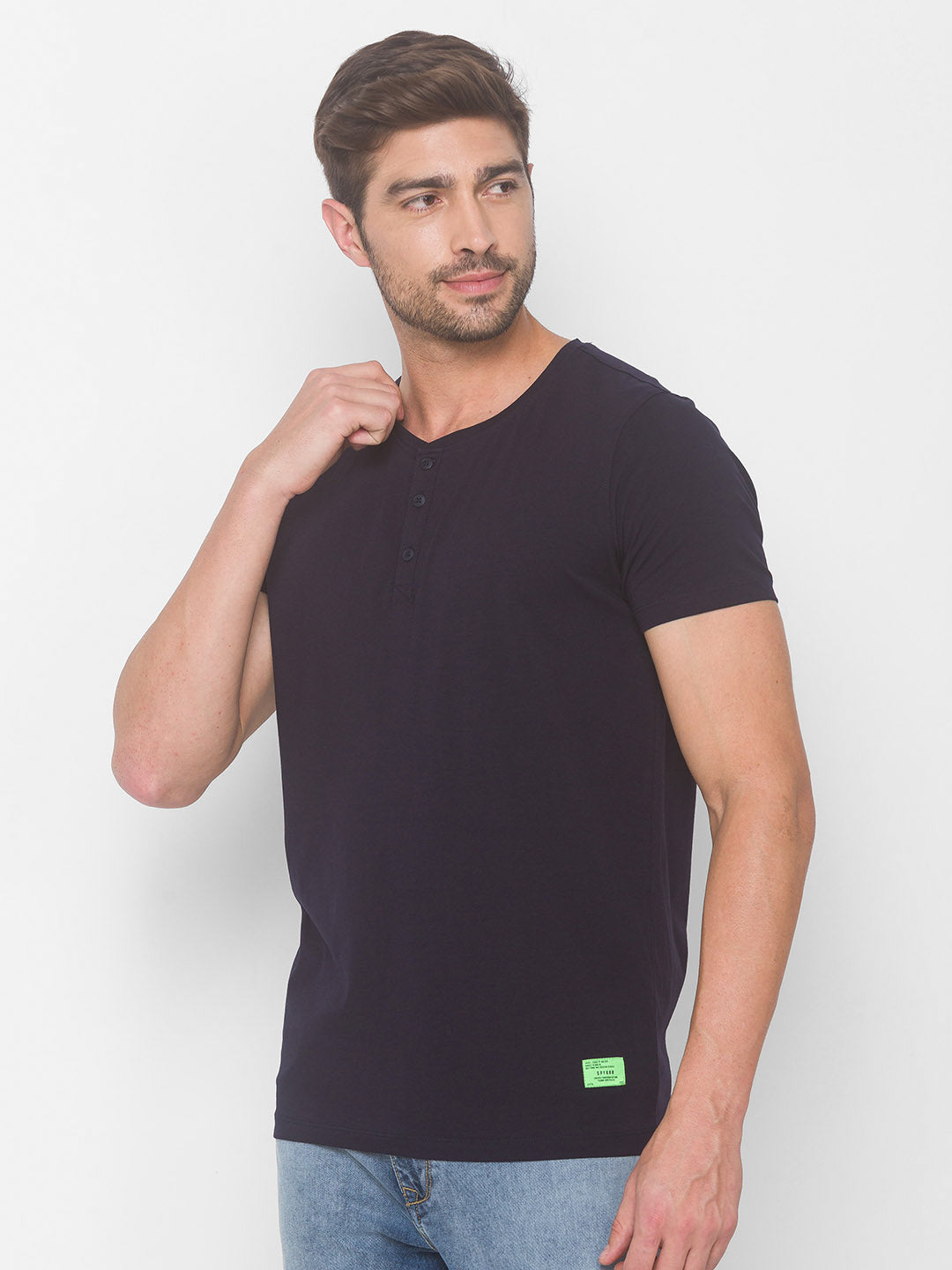 Spykar Men Blue Cotton Slim Fit Round Neck T-Shirt