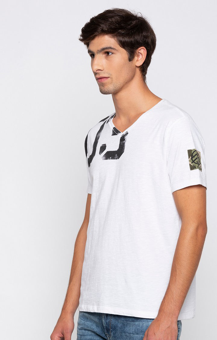 Spykar White Melange Slim Fit Men T-Shirts