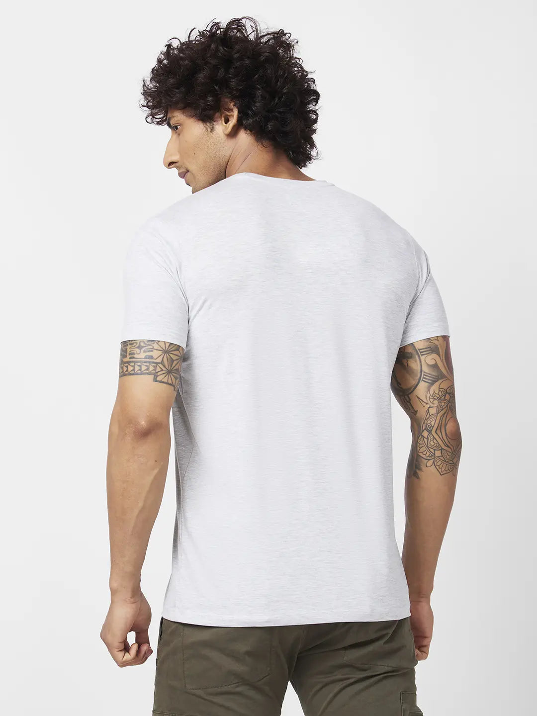 Spykar Men Ash Melange Blended Slim Fit Half Sleeve Round Neck Printed Tshirt