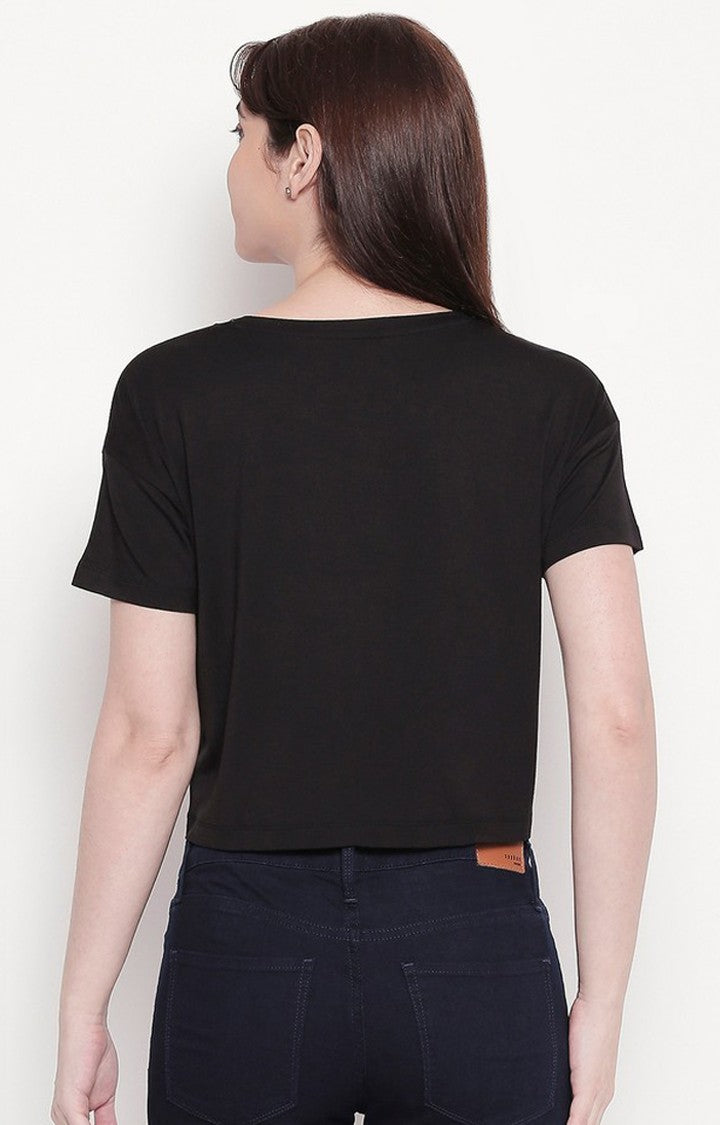 Spykar Women Black Viscose Slim Fit Round Neck Crop T-Shirt