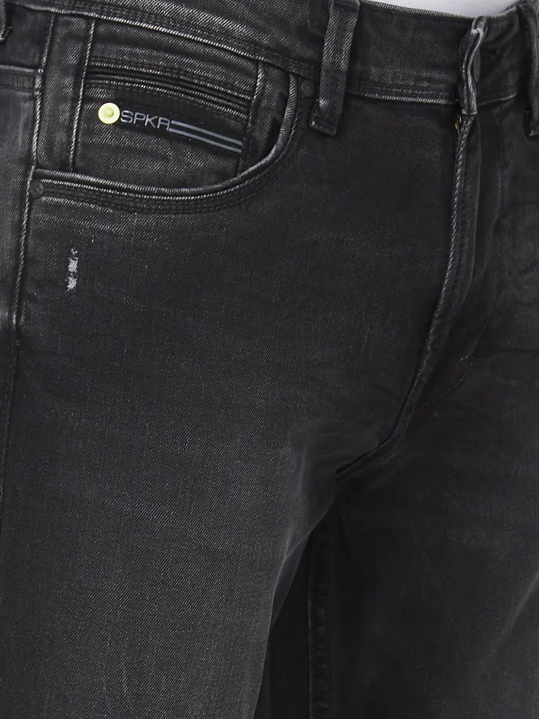 Spykar Men Carbon Black Cotton Comfort Fit Regular Length Knee Slit Mid Rise Jeans (Rafter)