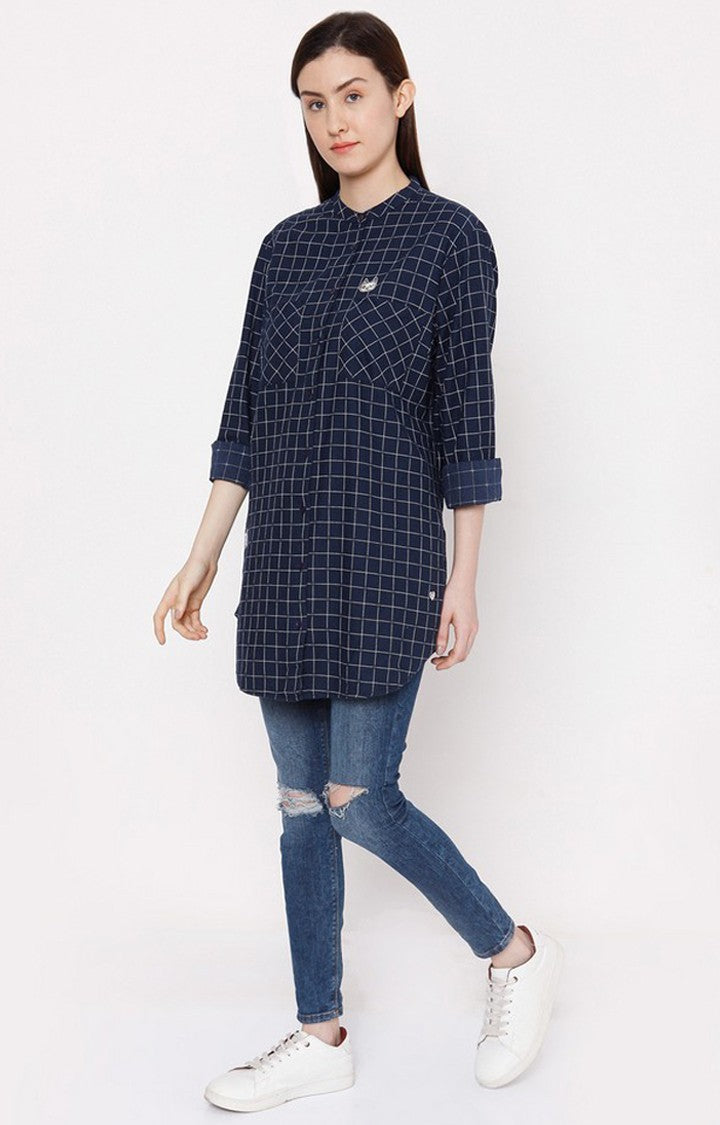 Spykar Women Navy Blue Cotton Regular Fit Checkered Shirt