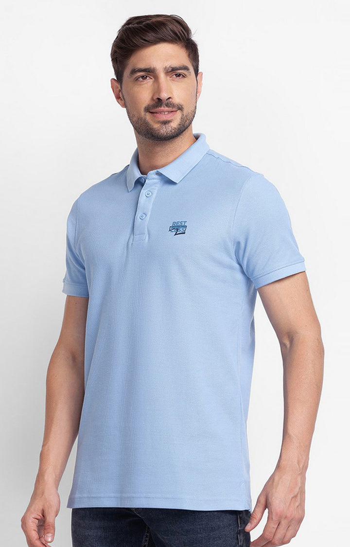 Spykar Powder Blue Cotton Half Sleeve Plain Casual Polo T-Shirt For Men