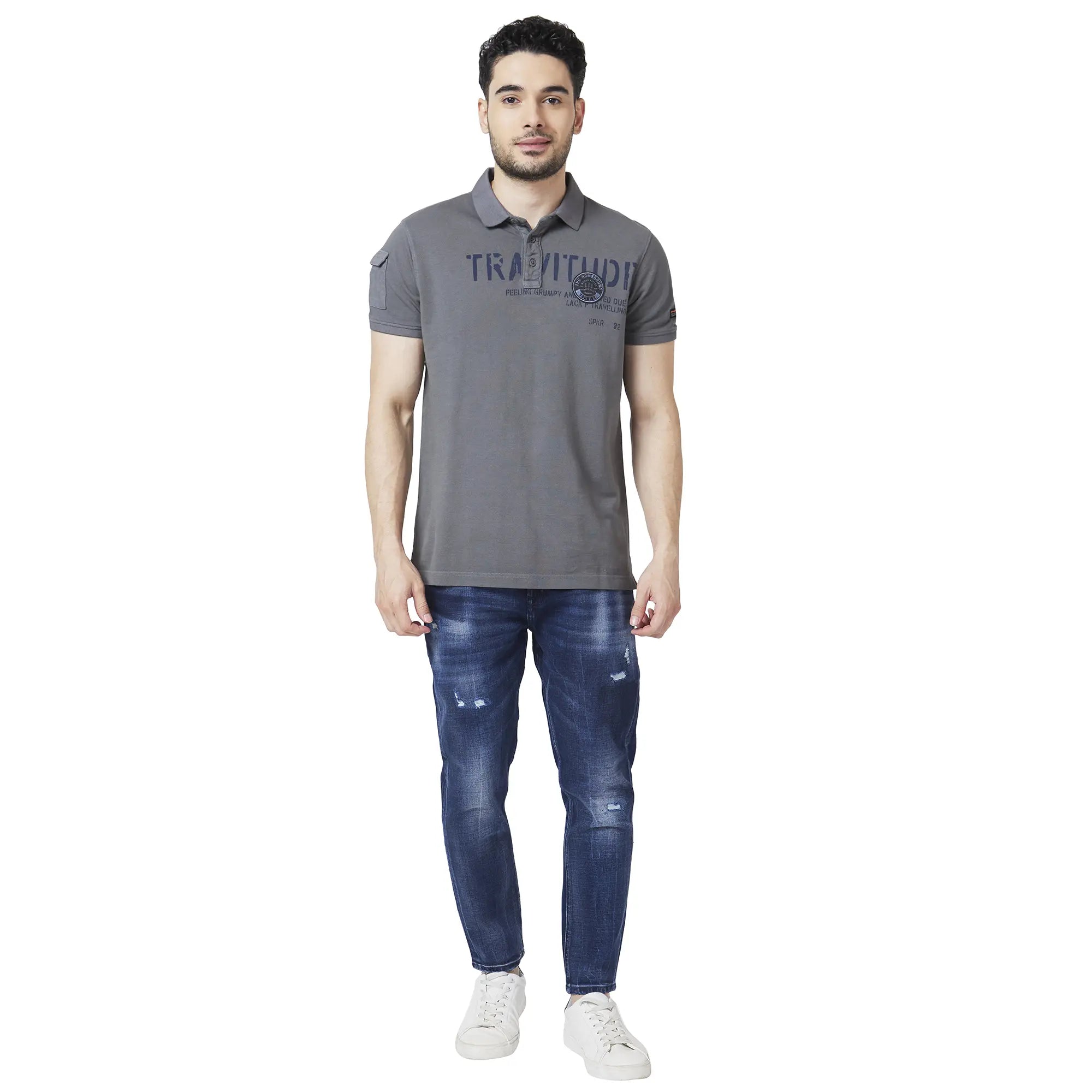 Spykar Men Mid Blue Cotton Slim Fit Tapered Length Mild Distressed Mid Rise Jeans (Kano)