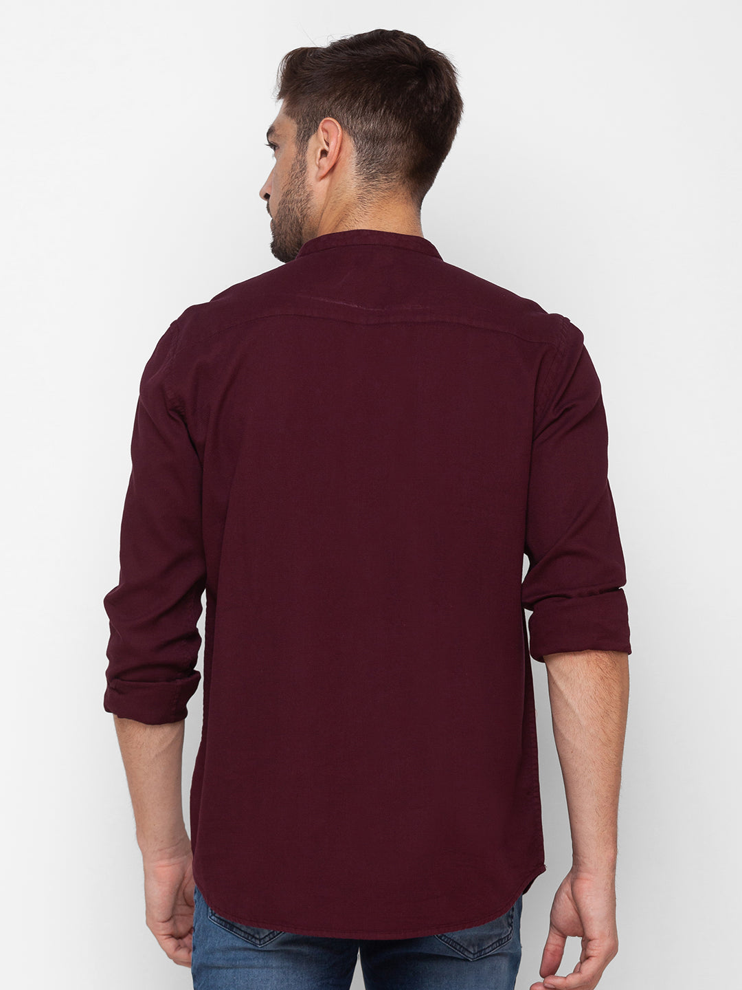 Spykar Wine Red Cotton Full Sleeve Plain Shirt For Men