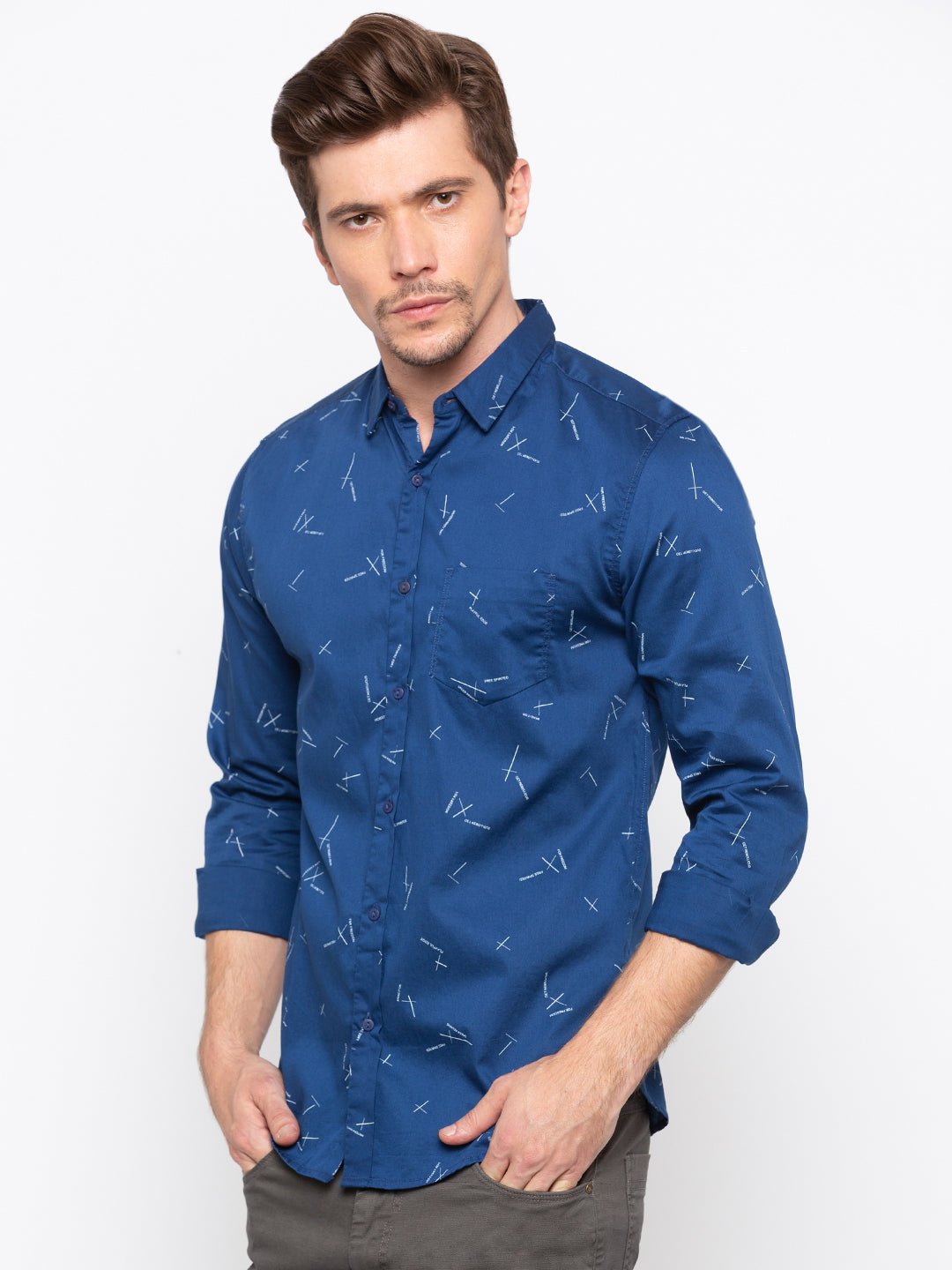 Spykar Men Blue Printed Slim Fit Casual Shirt