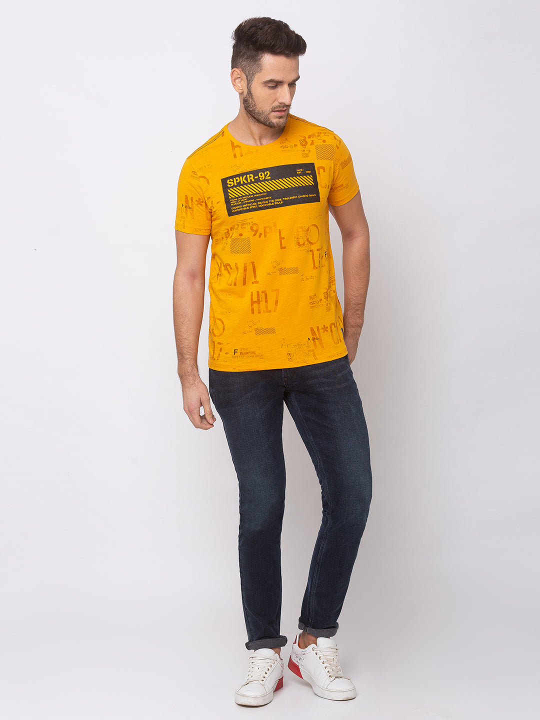 Spykar Men Yellow Cotton Slim Fit Round Neck T-Shirt