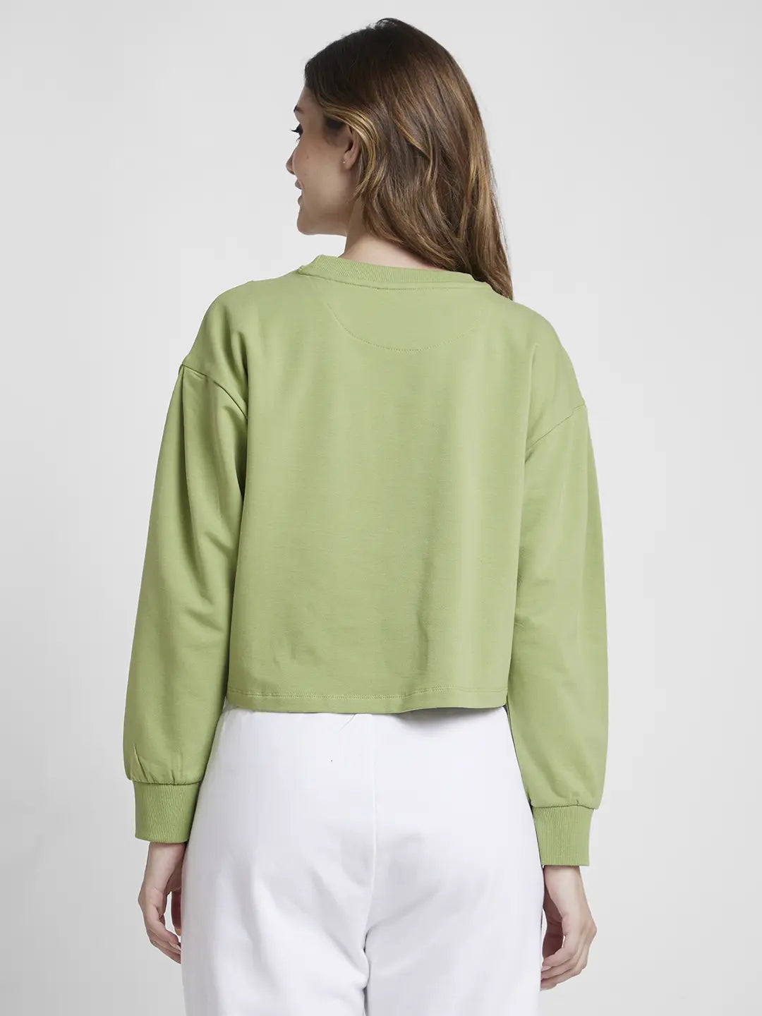 Spykar Women Mindful Mauve Blended Boxy Fit Round Neck Printed Crop Sweatshirt