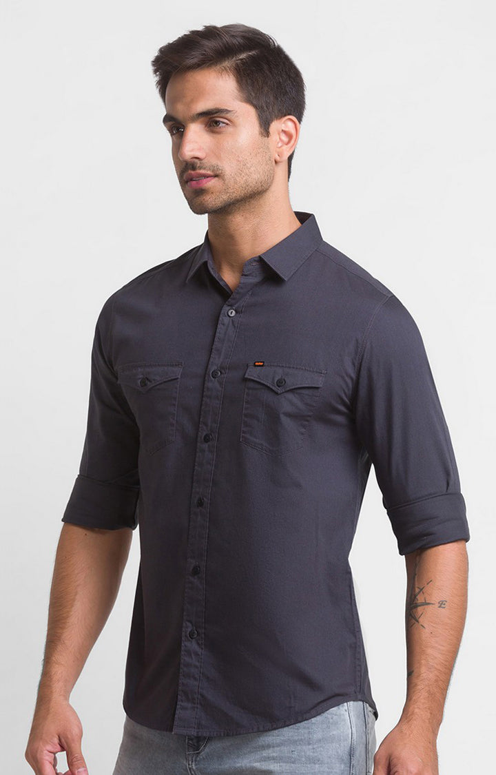 Spykar Charcoal Grey Cotton Full Sleeve Plain Shirt For Men