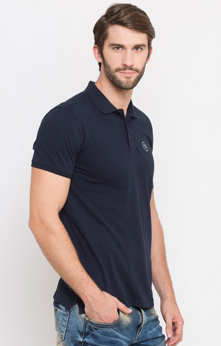 Spykar Blue Solid Slim Fit Polo T-Shirt