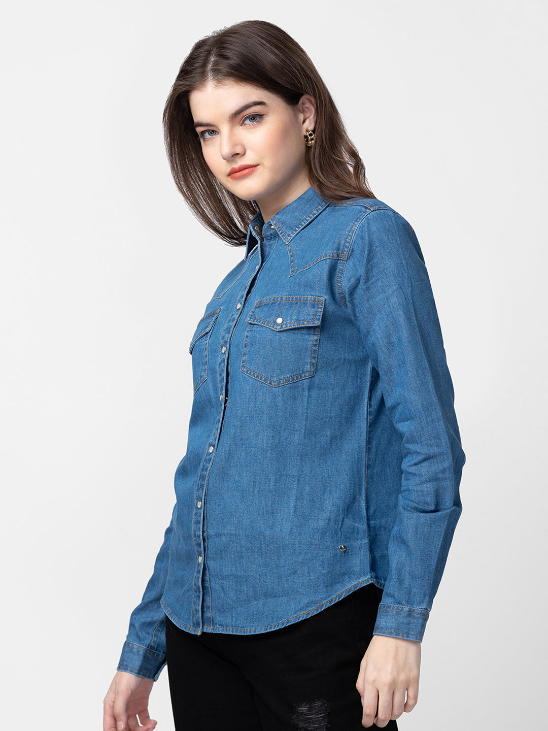 Spykar Women Mid Blue Cotton Slim Fit Denim Shirts