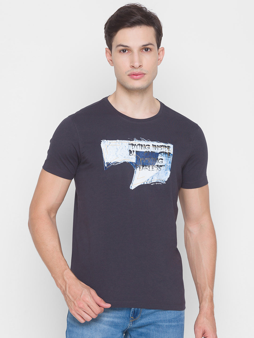 Spykar Black Cotton Men T-Shirt