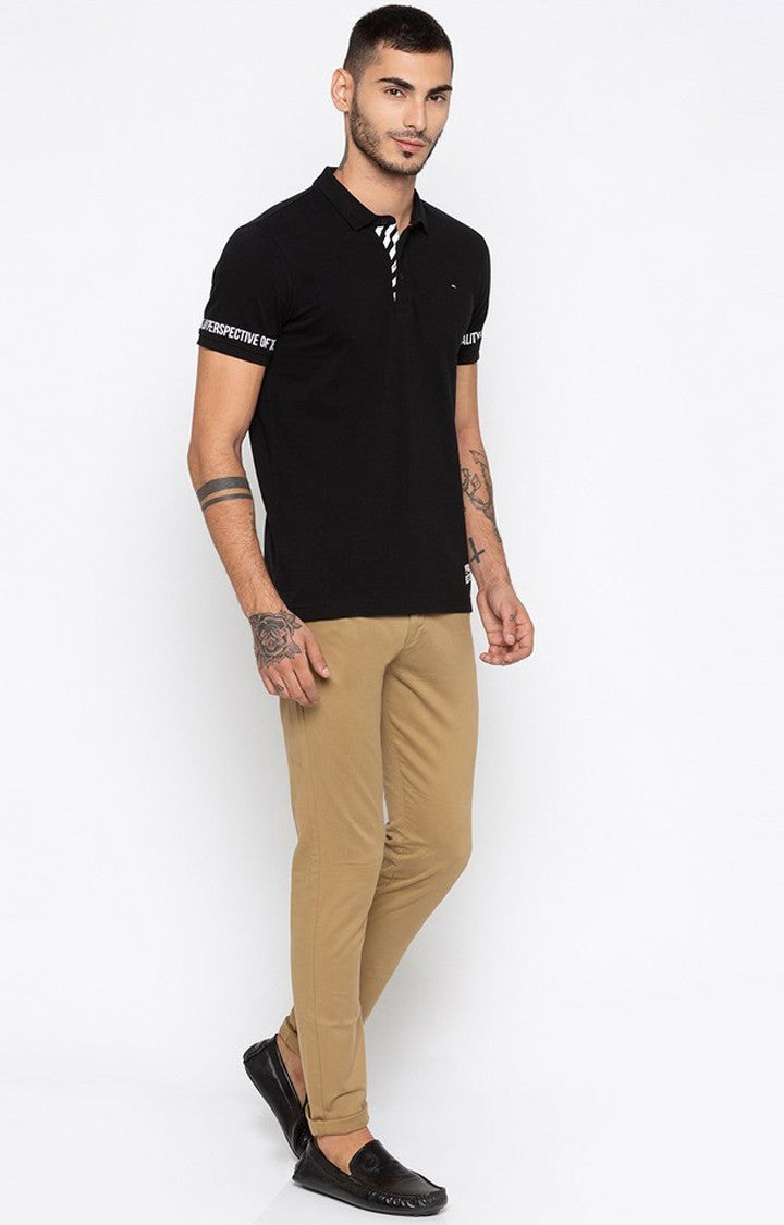 Spykar Black Printed Slim Fit Polo T-Shirt