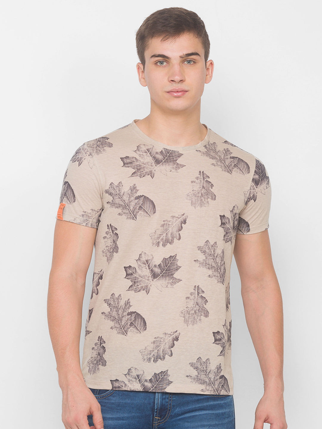 Spykar Men Beige Cotton Slim Fit Round Neck T-Shirt