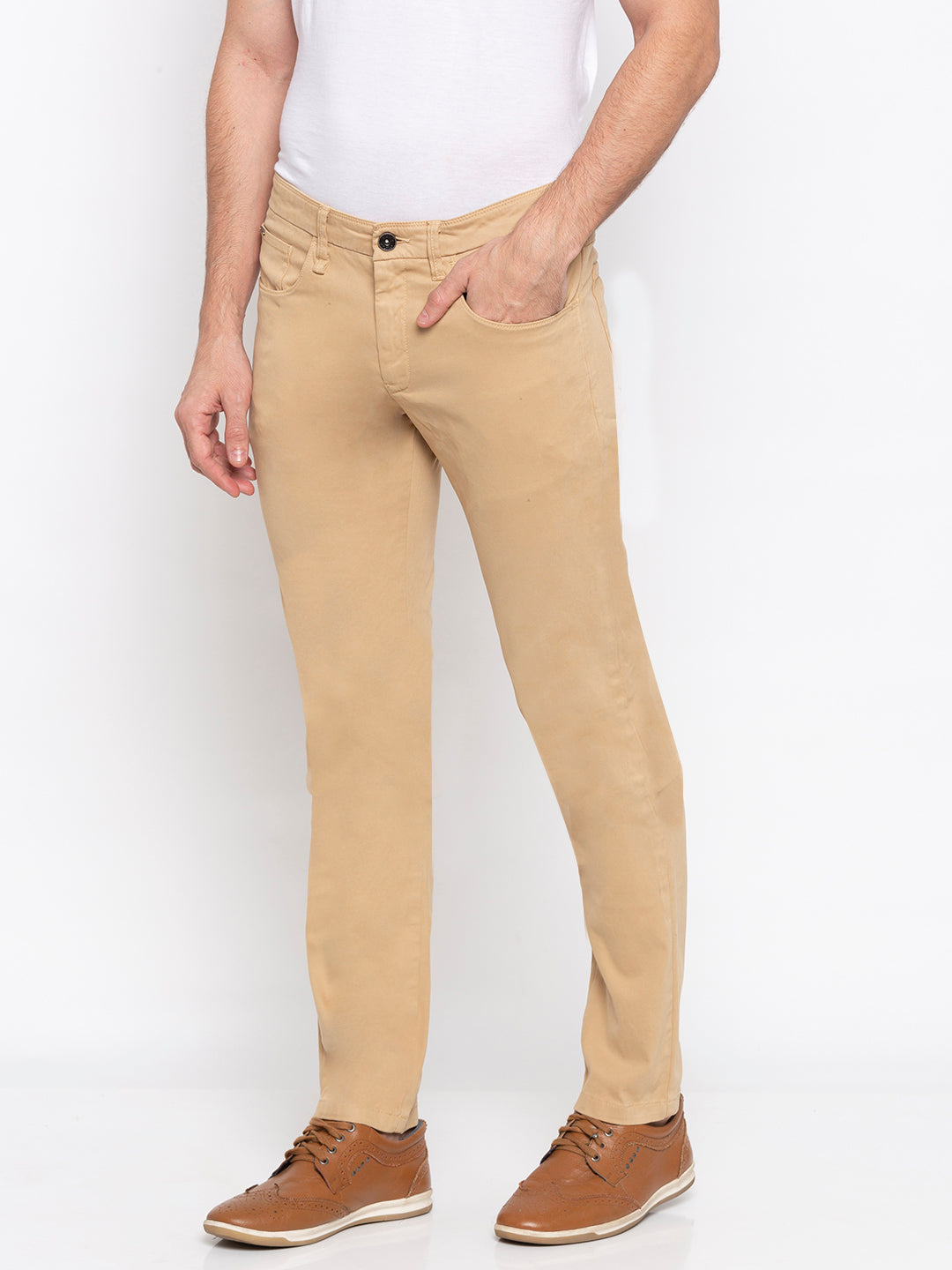 Spykar Men Yellow Cotton Slim Fit Casual Trousers