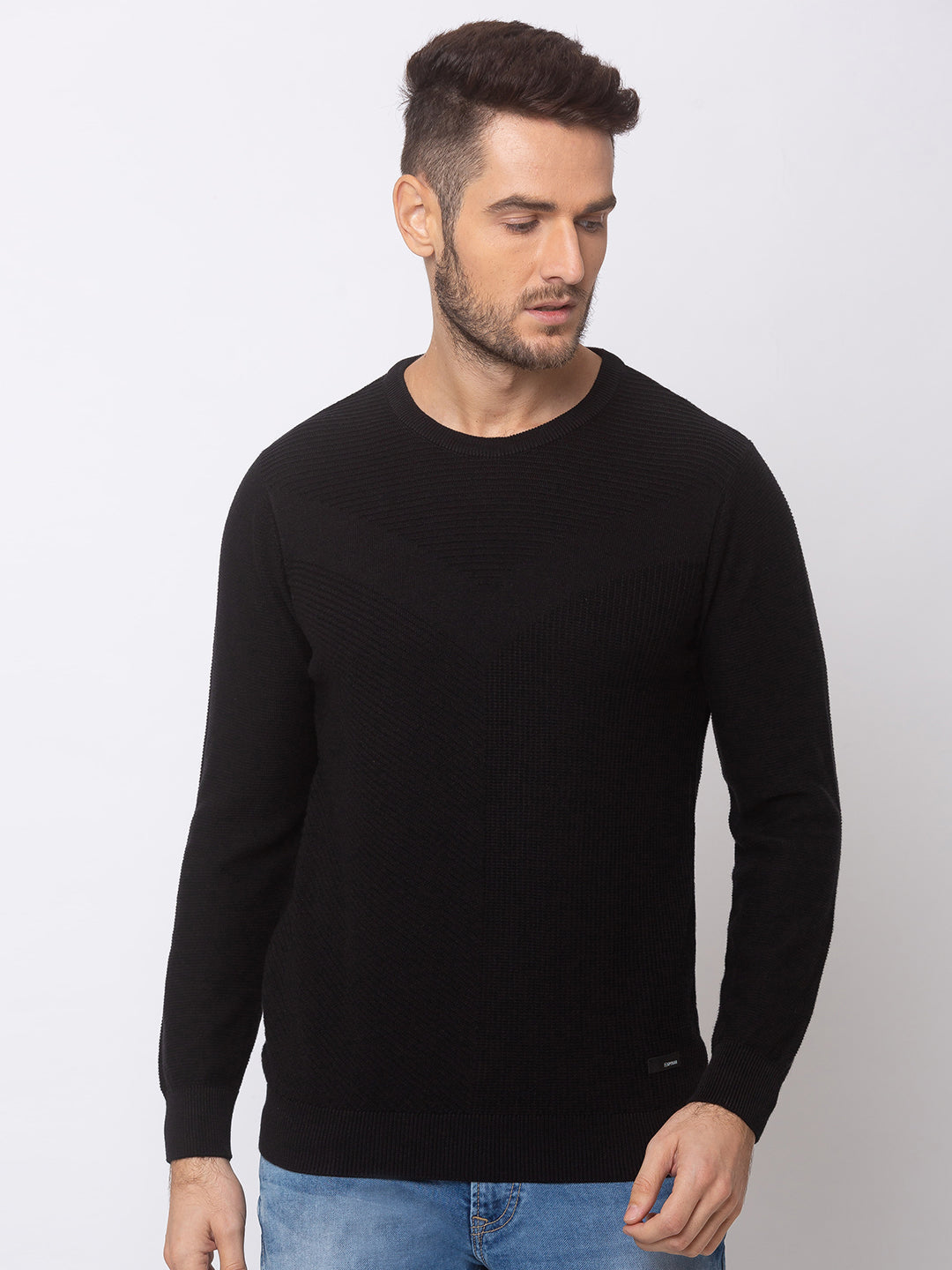 Spykar Men Black Cotton Regular Fit Sweater