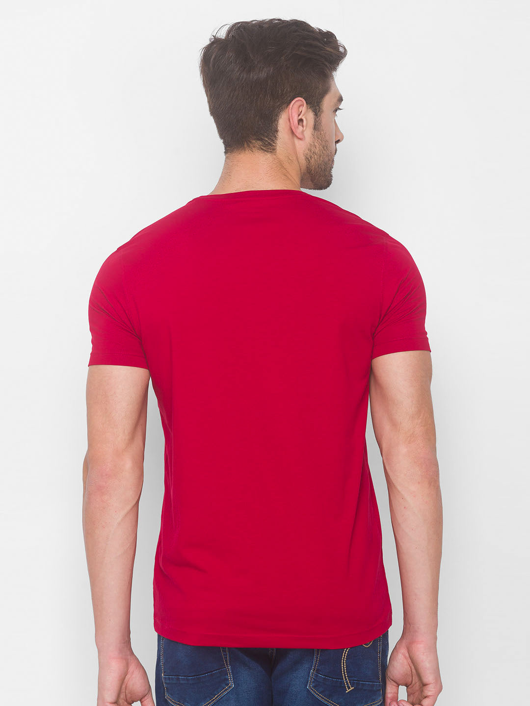 Spykar Men Red Cotton Slim Fit Round Neck T-Shirt