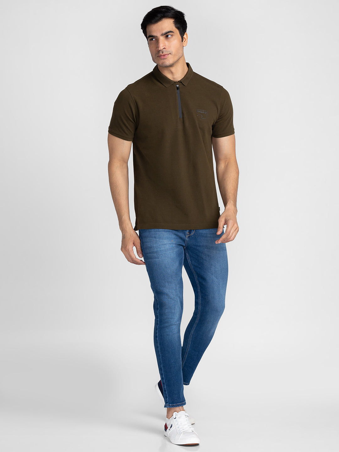 Spykar Men Olive Green Cotton Slim Fit Polo Printed T-Shirt