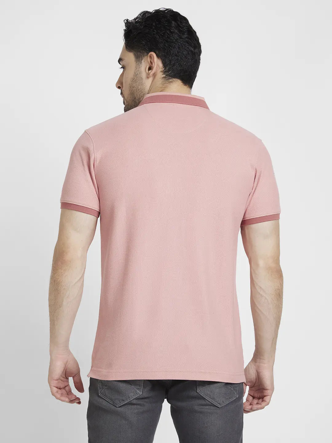 Spykar Men Dusty Pink Cotton Slim Fit Plain Polo Tshirt