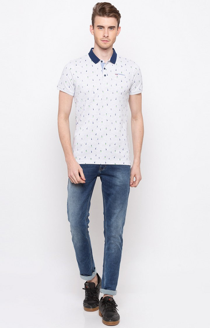 Spykar White Printed Slim Fit Polo T-Shirt