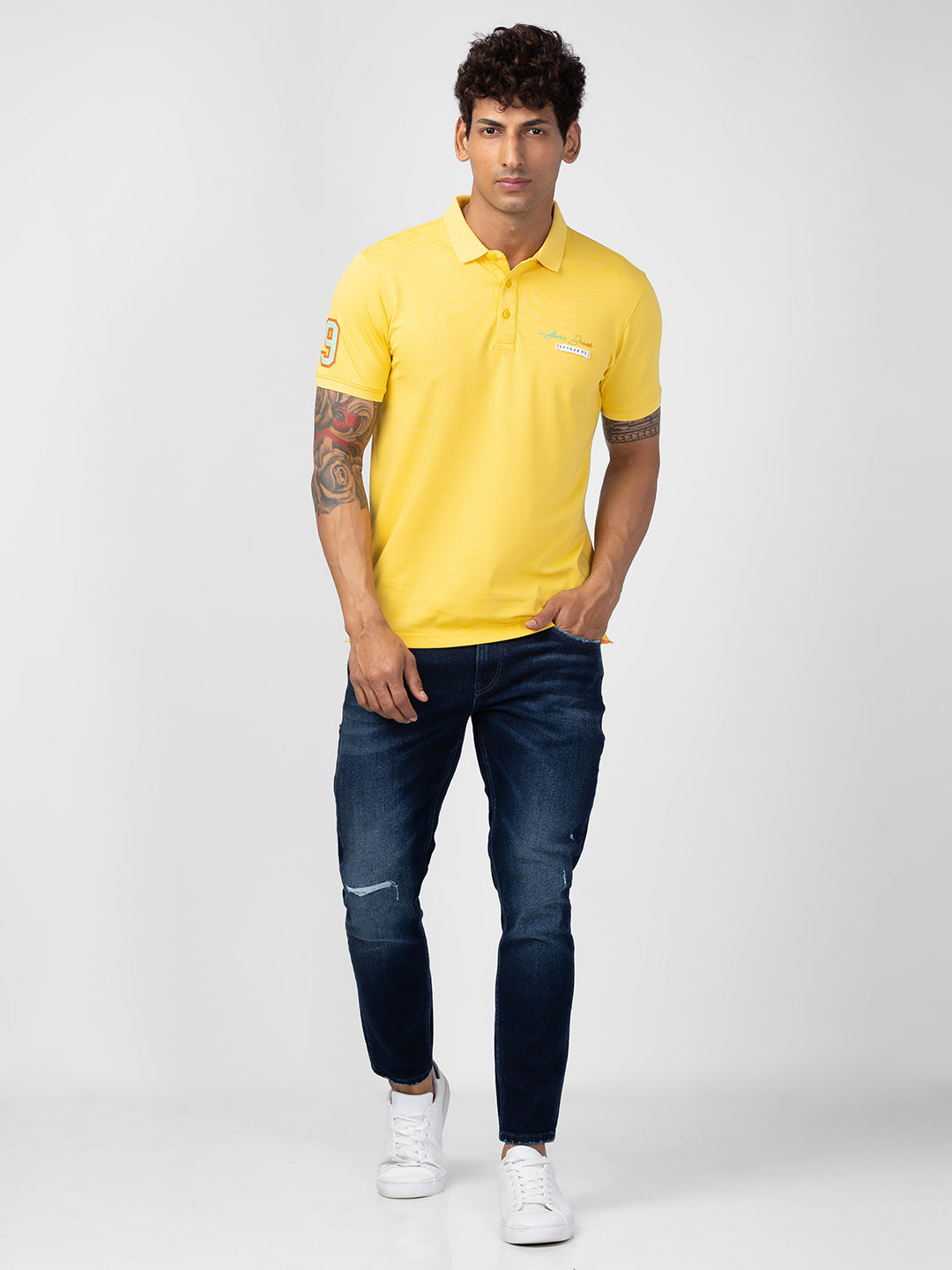 Spykar Men Yellow Cotton Regular Fit Half Sleeve Plain Polo T-Shirt