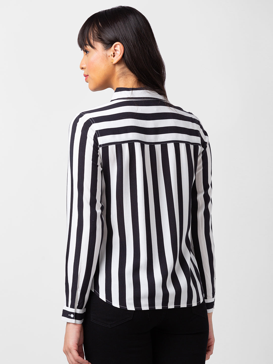 Spykar Women Black Reyon Regular Fit Striped Shirts