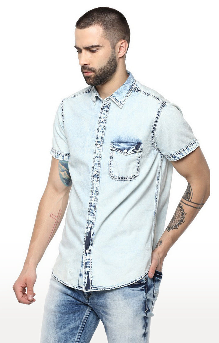 Spykar Men'S Blue Cotton Solid Casual Shirts