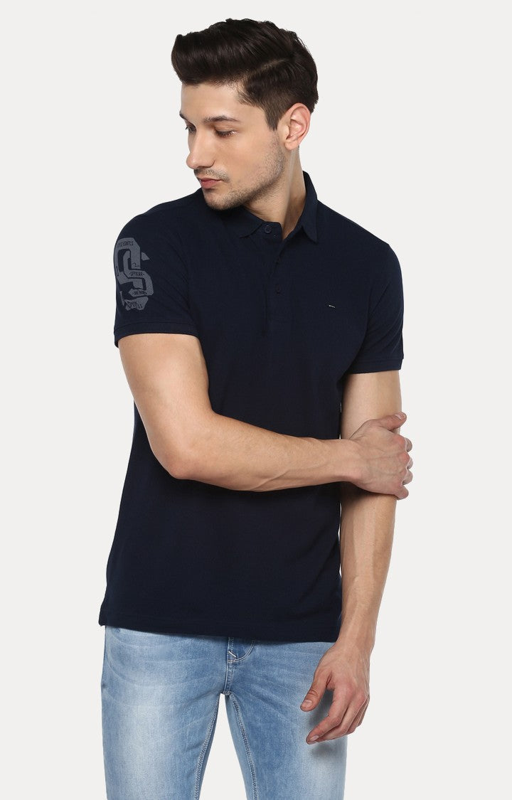 Spykar Blue Solid Slim Fit Polo T-Shirt