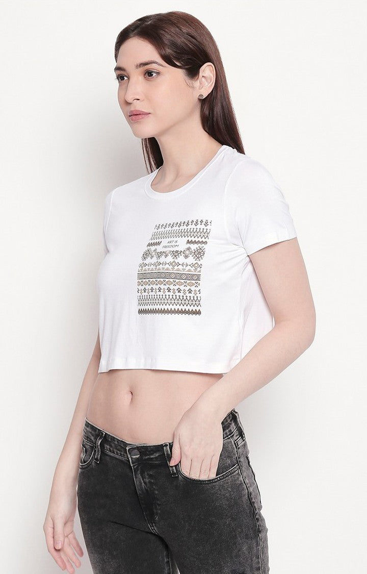 Spykar Women White Viscose Slim Fit Round Neck Crop T-Shirt