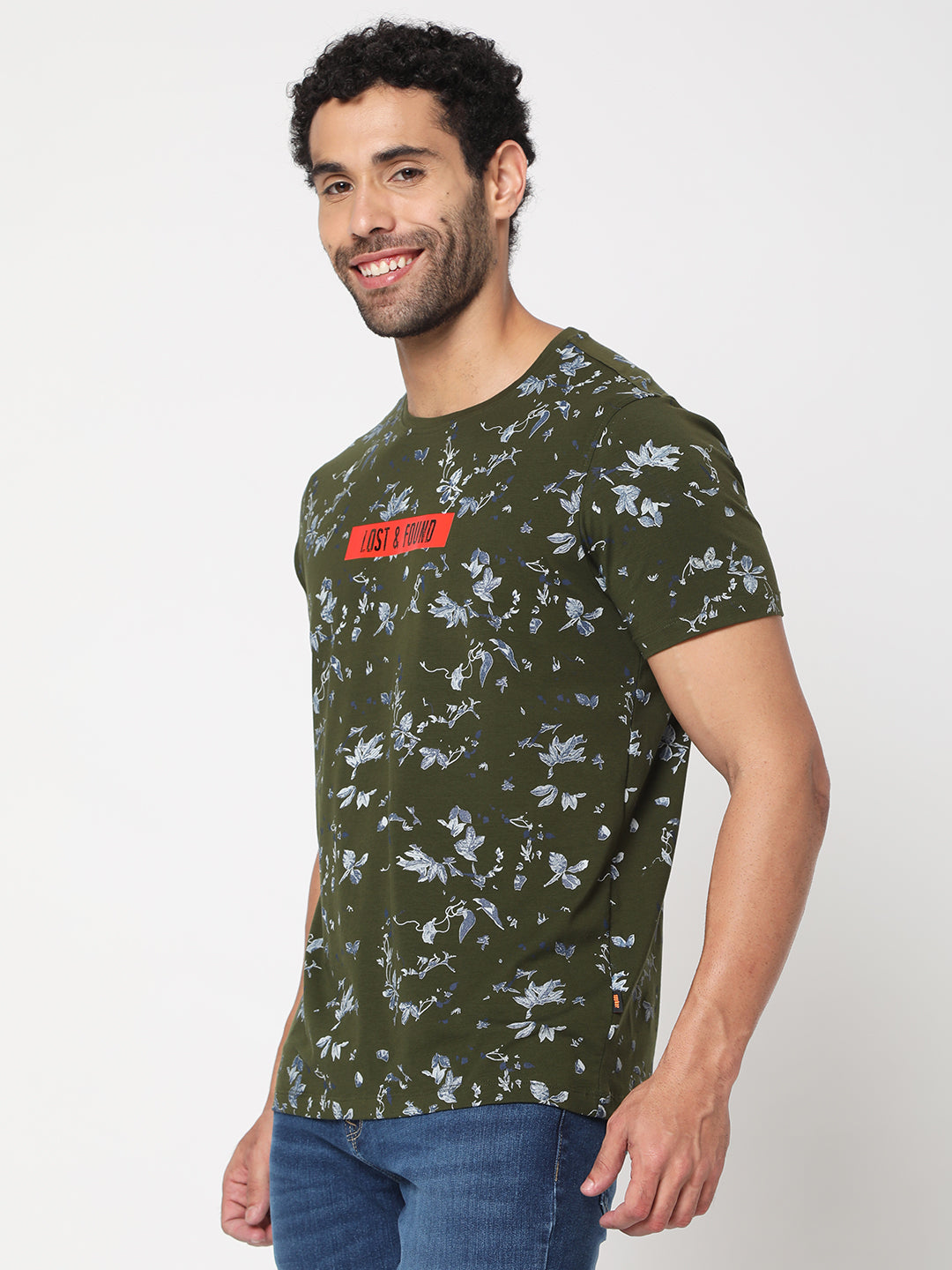 Spykar Men Olive Green Cotton Half Sleeve Floral T-Shirt