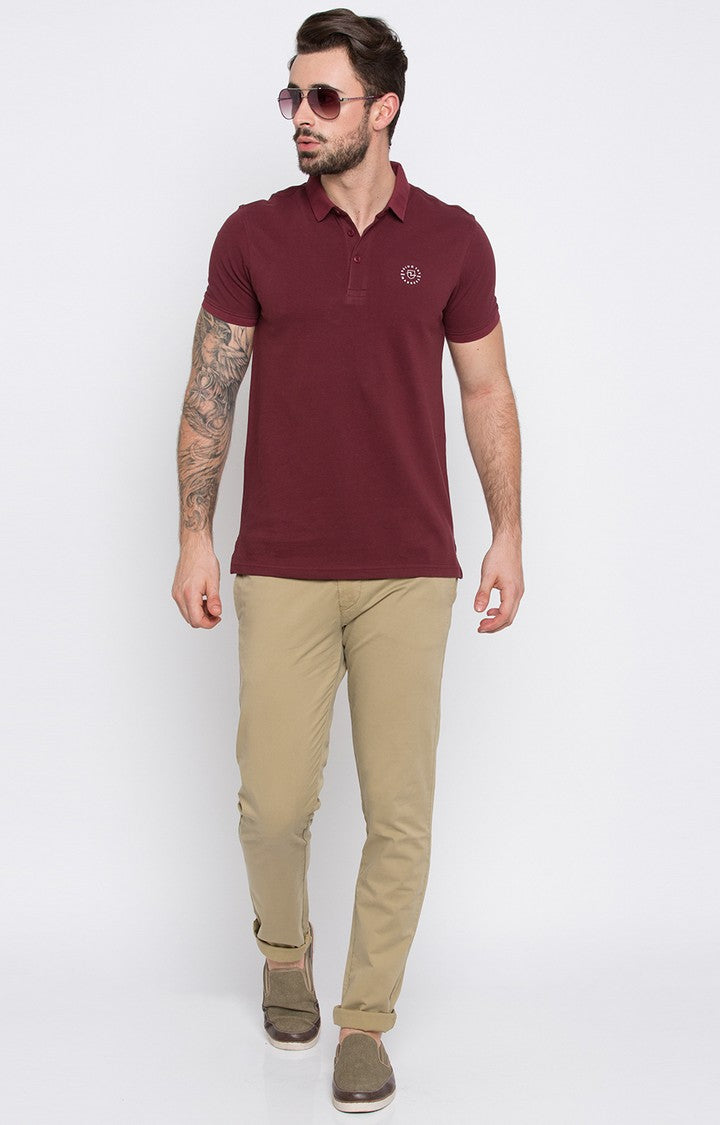 Spykar Wine Solid Slim Fit Polo T-Shirt