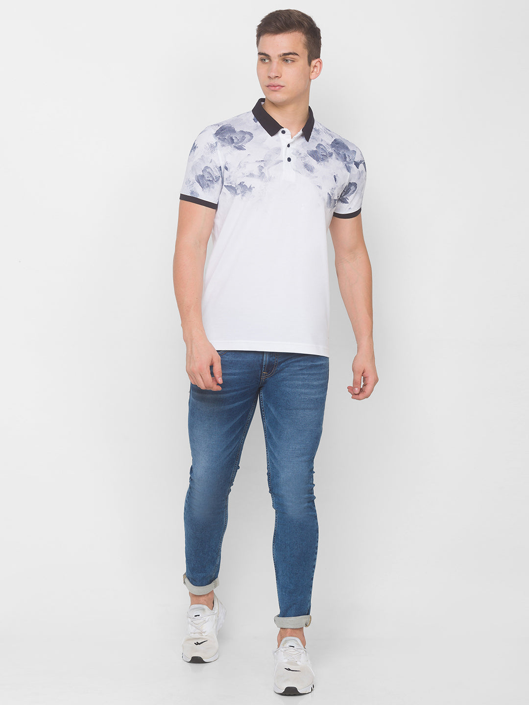 Spykar Men Grey Cotton Slim Fit Floral Polo T-Shirt