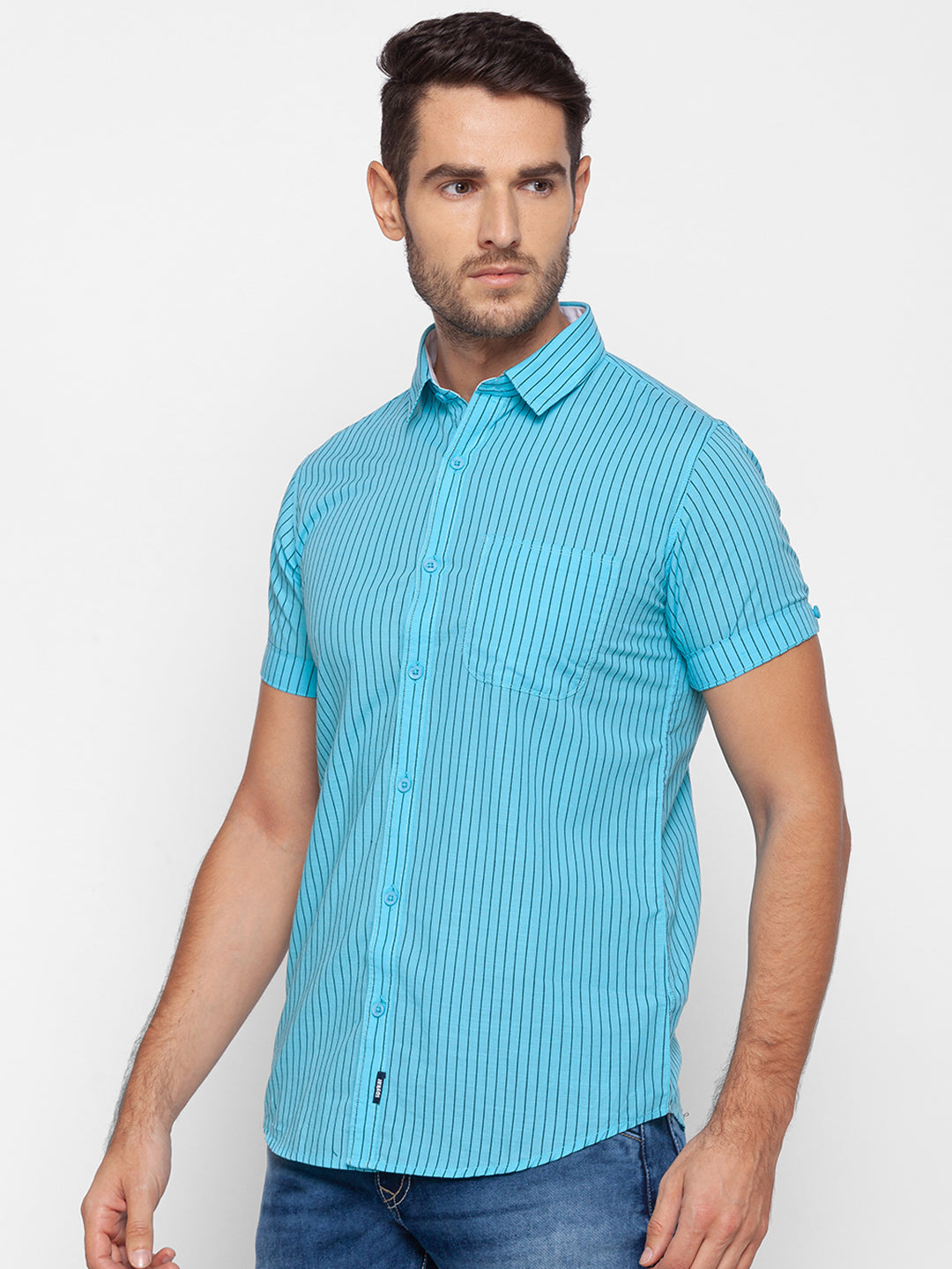 Spykar Slim Fit Blue Cotton Men Shirt