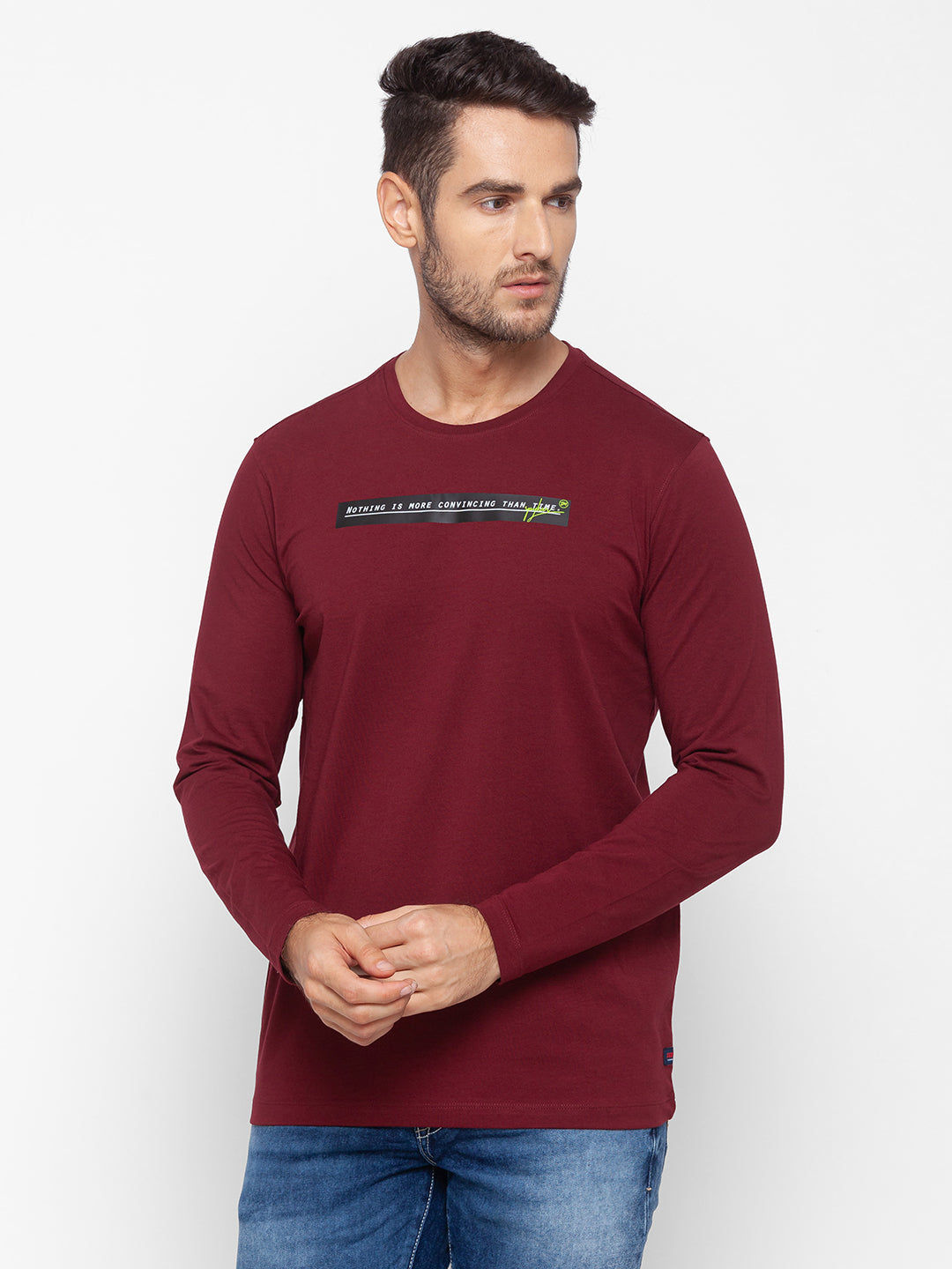 Spykar Men Red Cotton Slim Fit Round Neck T-Shirt