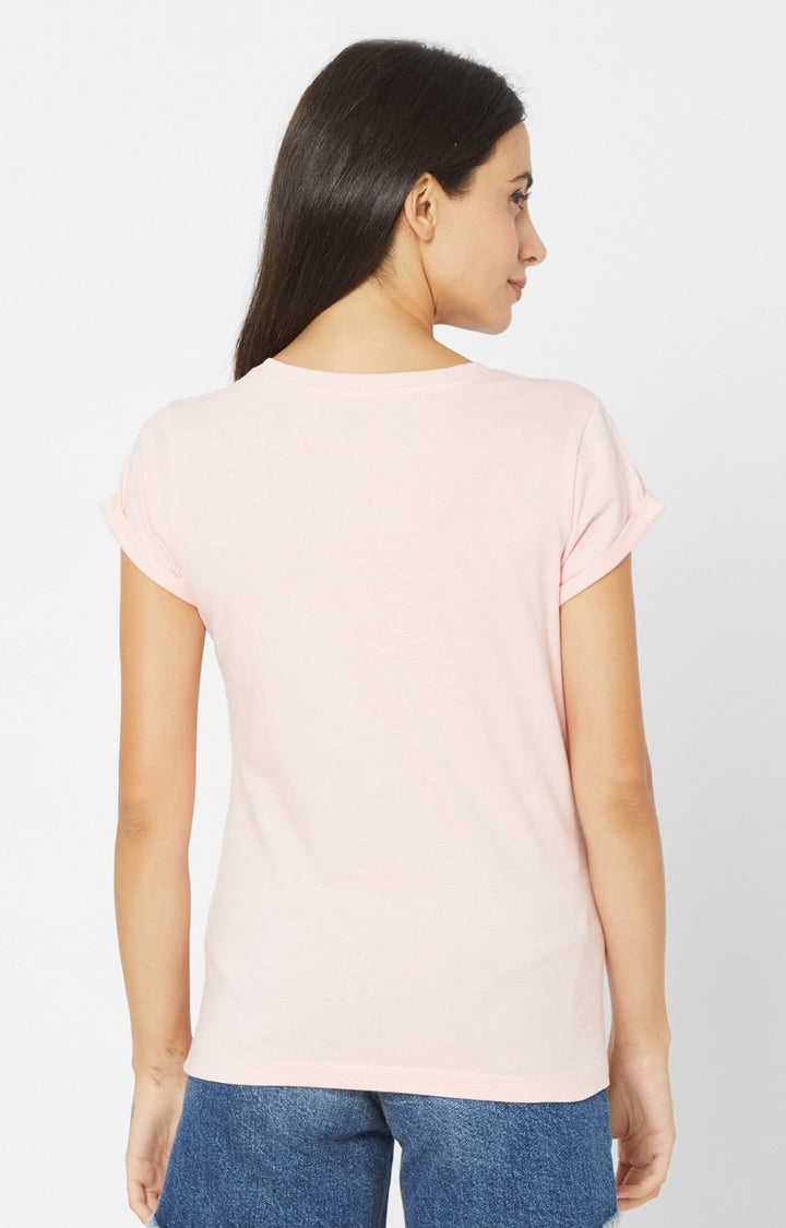 Spykar Women Pink Cotton Slim Fit Round Neck Crop T-Shirts