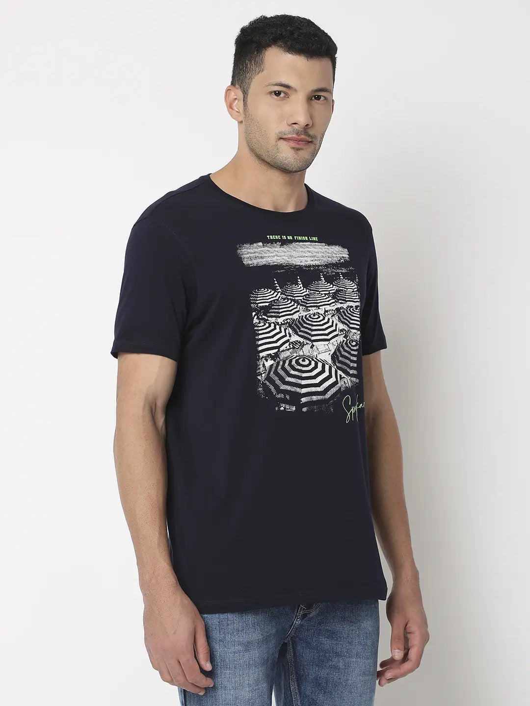 Spykar Men Navy Blue Cotton Regular Fit Printed Round Neck Tshirt