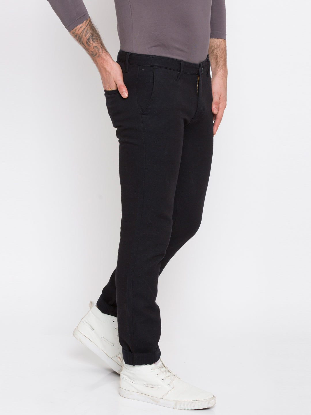 Spykar Men Black Cotton Slim Fit Casual Trousers