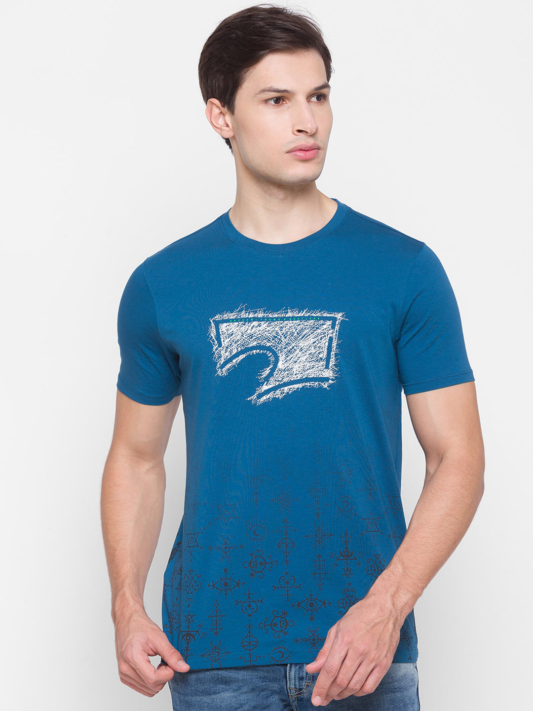 Spykar Blue Cotton Men T-Shirt