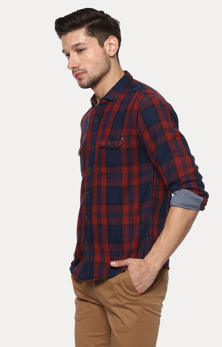 Spykar Men'S Blue Cotton Checked Casual Shirts