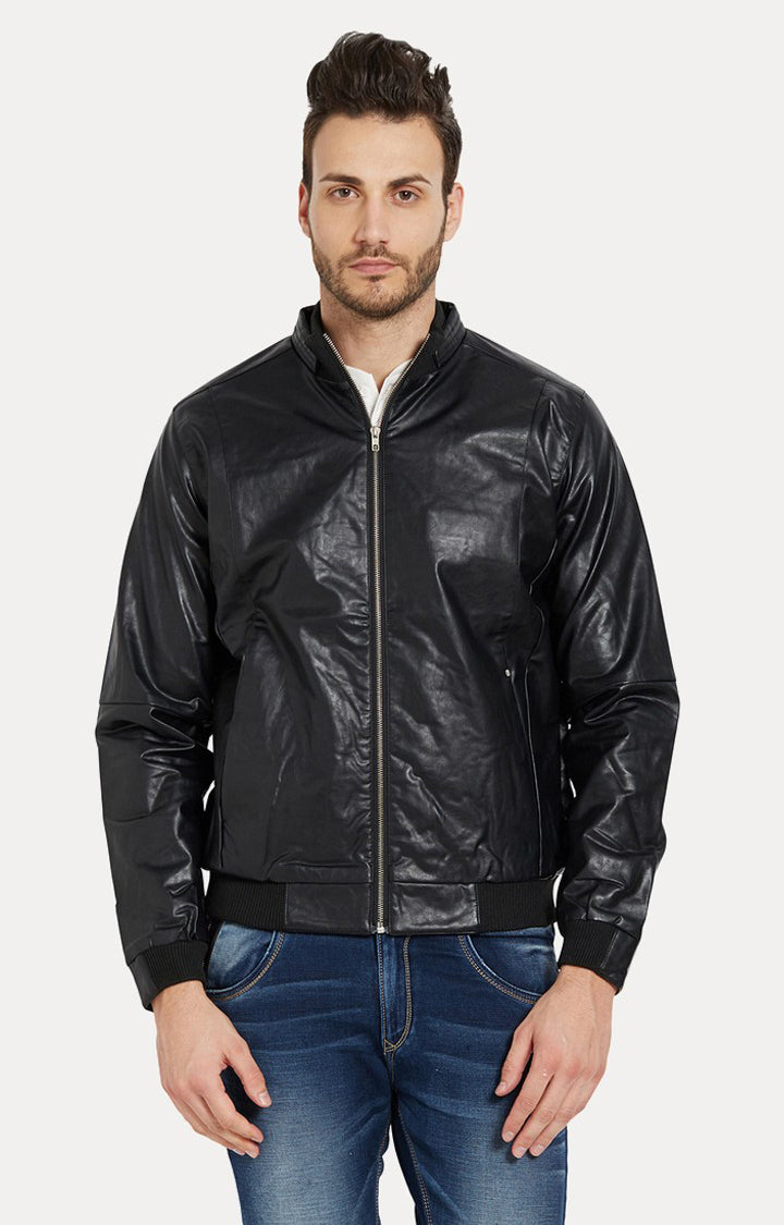 Spykar Men Black Solid Slim Fit Leather Jacket