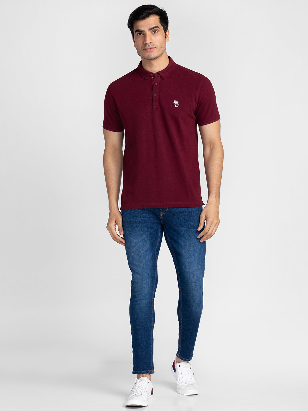 Spykar Men Wine Cotton Slim Fit Polo Printed T-Shirt