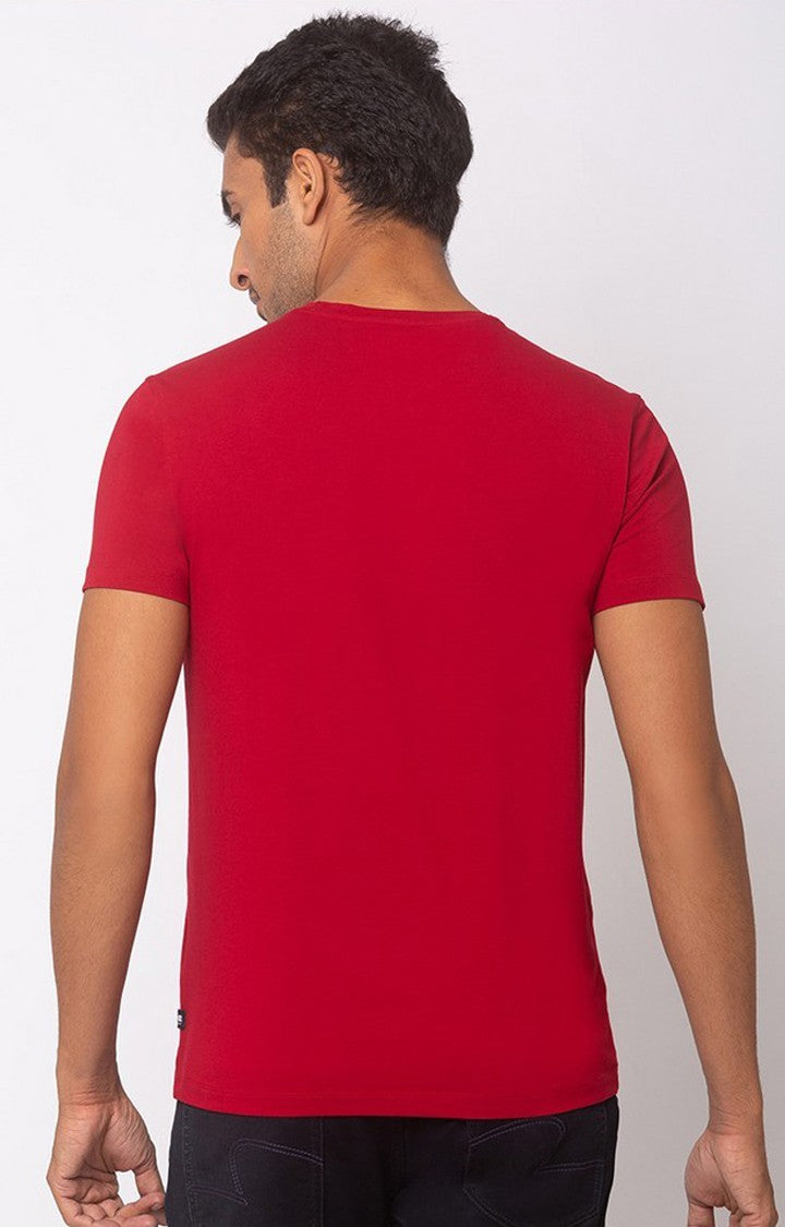 Spykar Red Cotton Slim Fit T-Shirt For Men