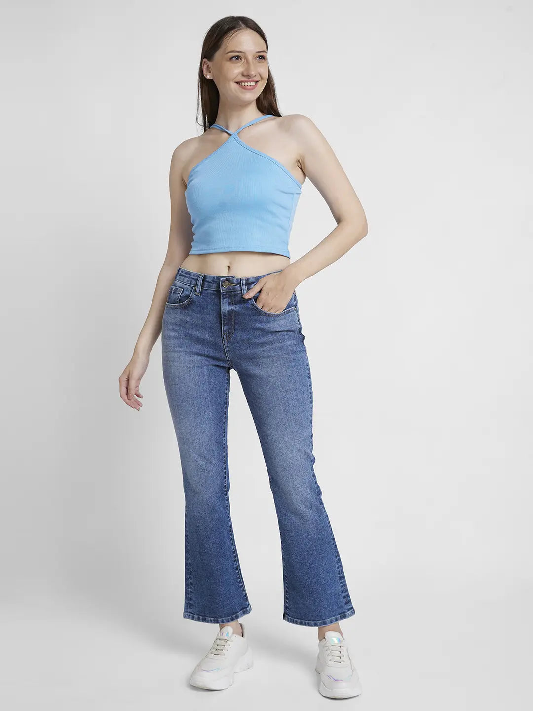 Spykar Women Mid Blue Lycra Bootcut Fit Ankle Length Clean Look Jeans -(Elissa)