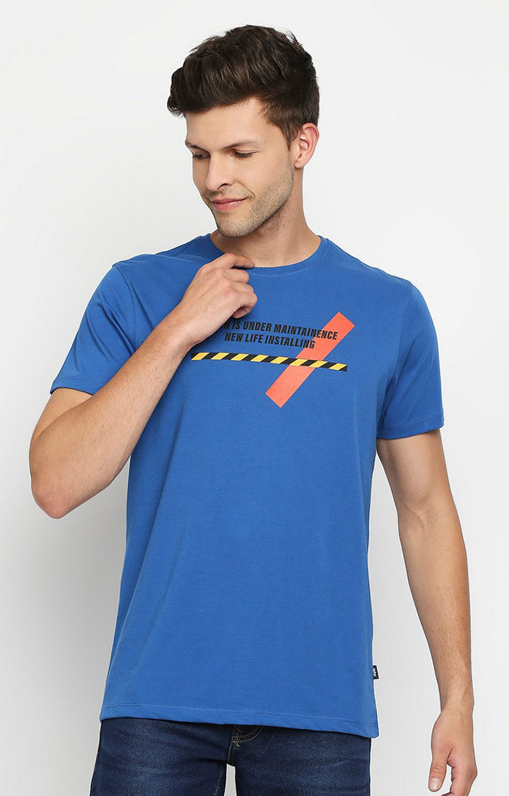 Spykar Men Blue Cotton Slim Fit Round Neck T-Shirt